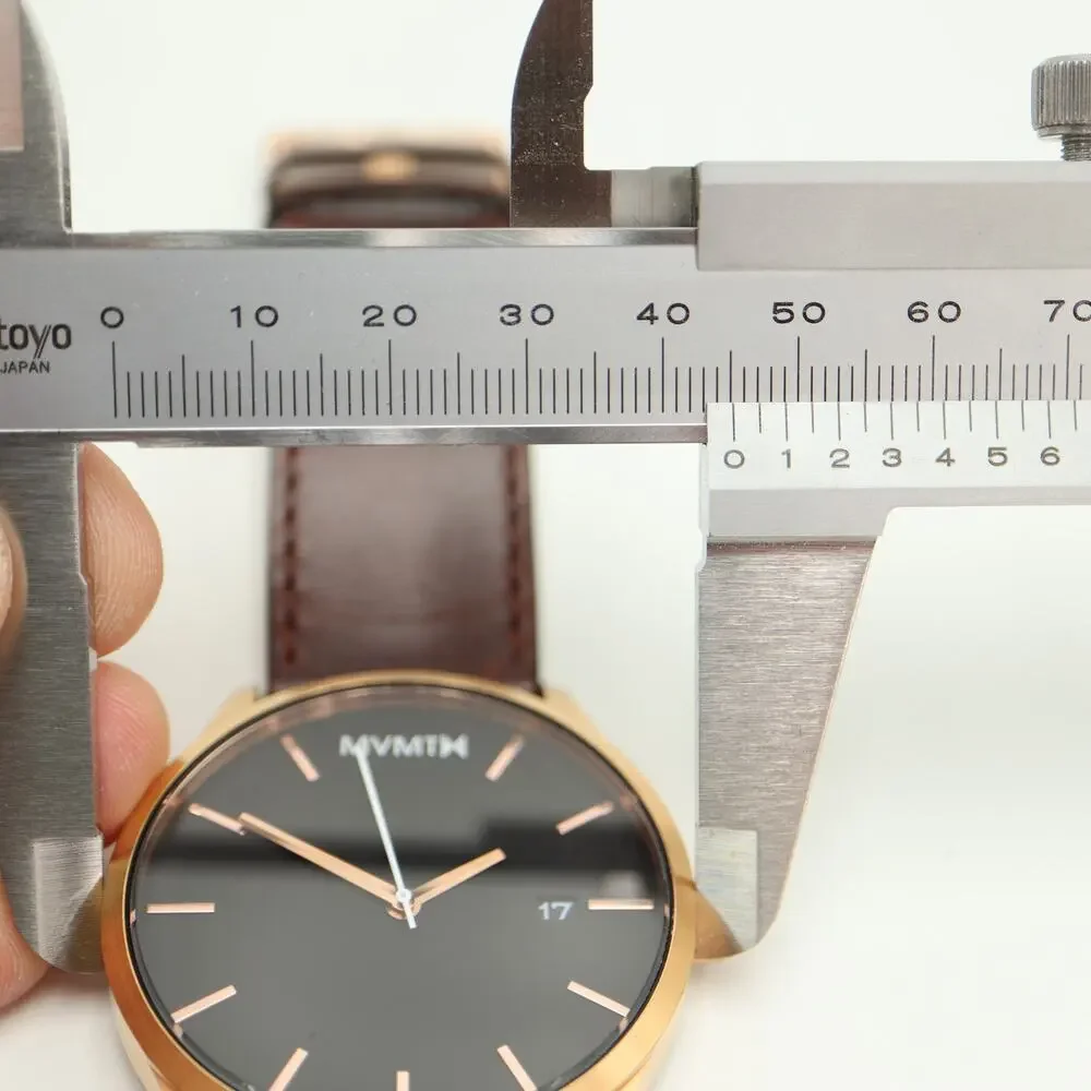 MVMT Mens Classic 45mm Black Date Watch Brown Leather Strap w New Battery